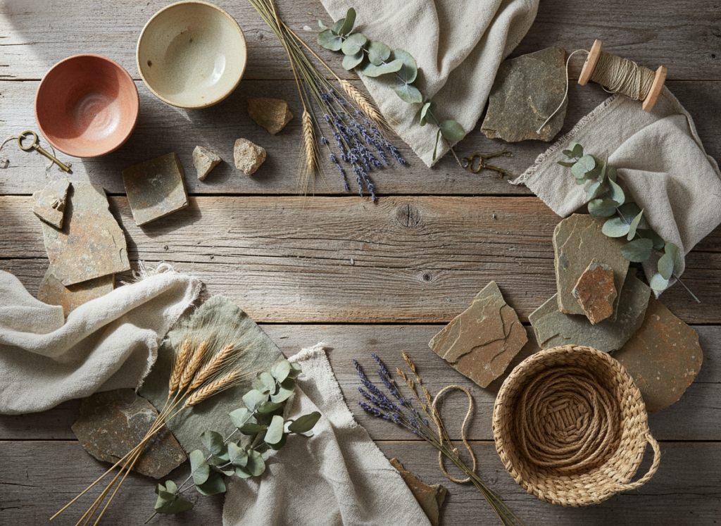 collection of natural materials including reclaimed wood, stone, and linen fabrics for homestead aesthetic design