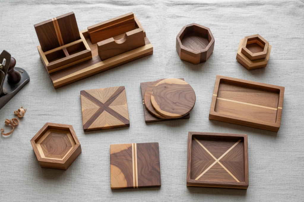 collection of scrap wood accent pieces including coasters and small organizers collection of scrap wood accent pieces including coasters and small organizers