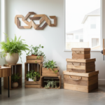 collection of scrap wood projects including small furniture and decorative items displayed in modern home setting
