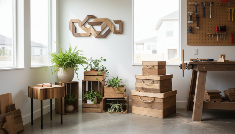 collection of scrap wood projects including small furniture and decorative items displayed in modern home setting