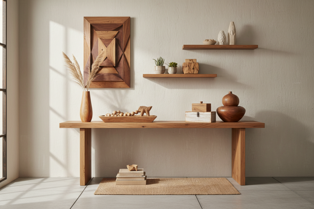 collection of wooden home decor items arranged in modern interior
