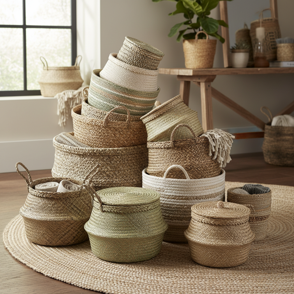 collection of woven baskets and natural fiber storage in homestead aesthetic home