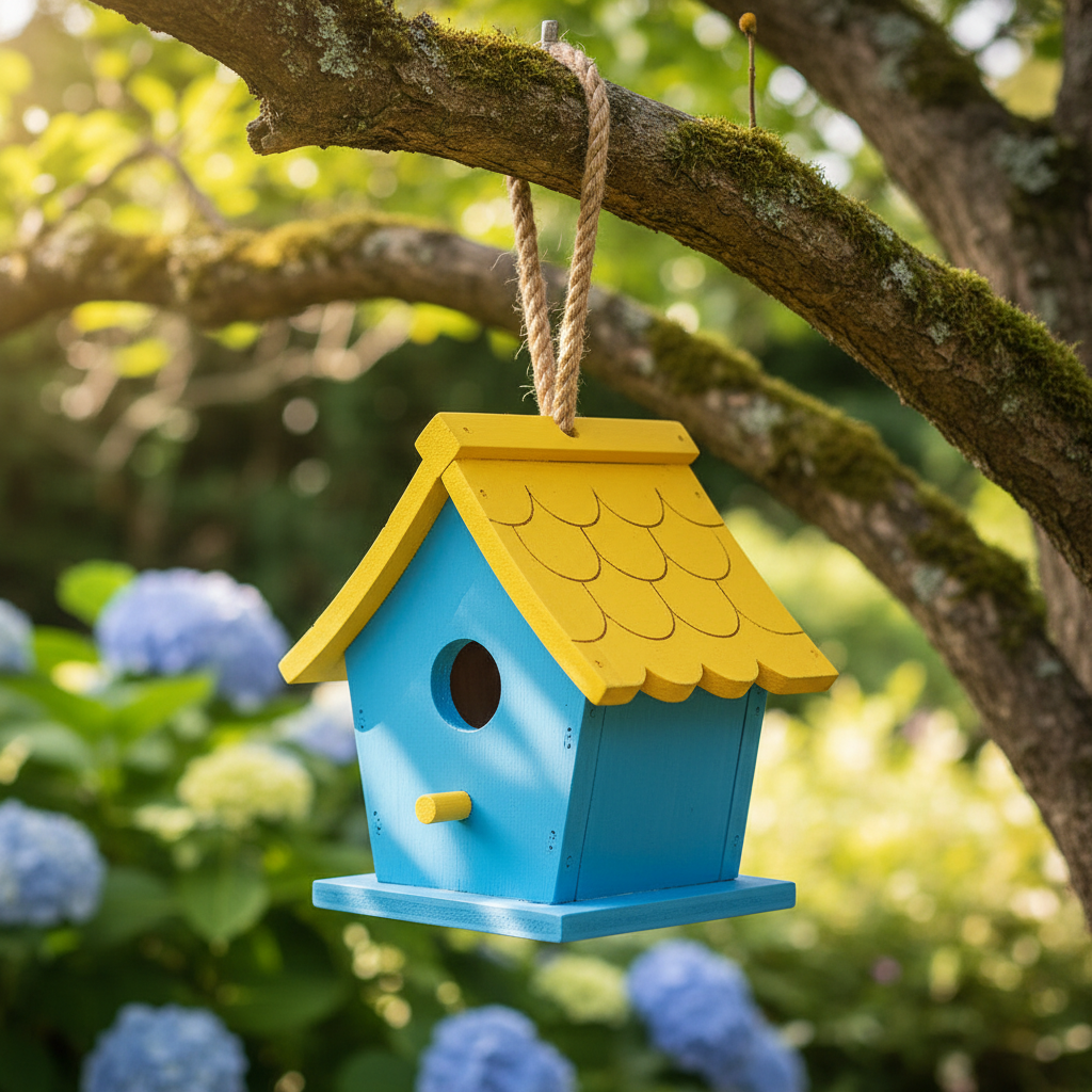 colorful wooden birdhouse hanging from tree colorful wooden birdhouse hanging from tree