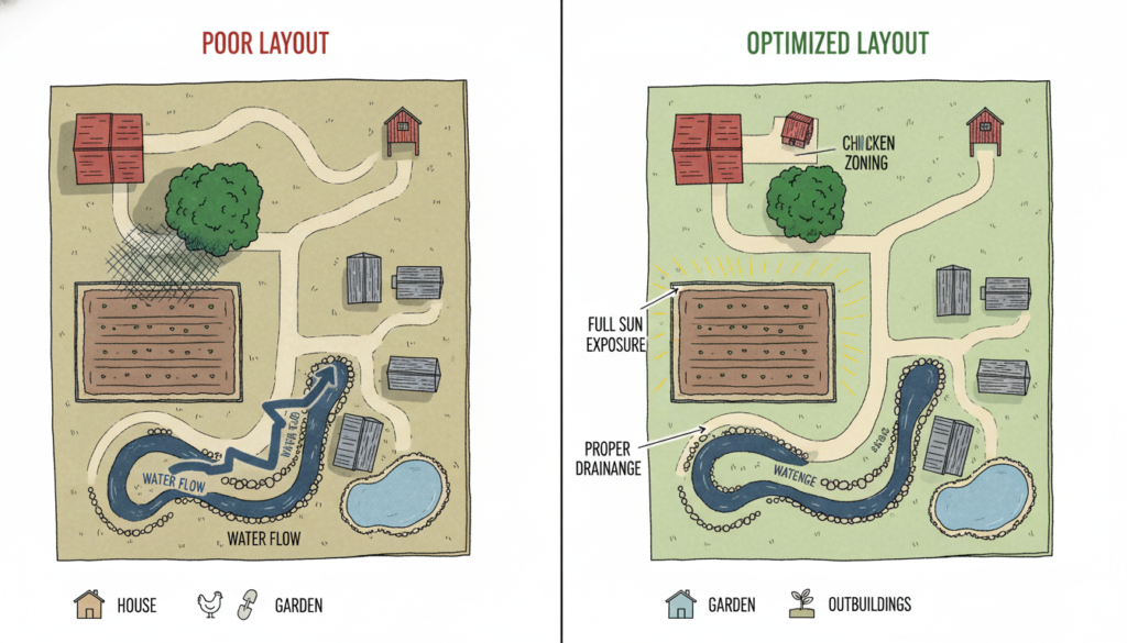 comparison of good versus poor homestead layout decisions