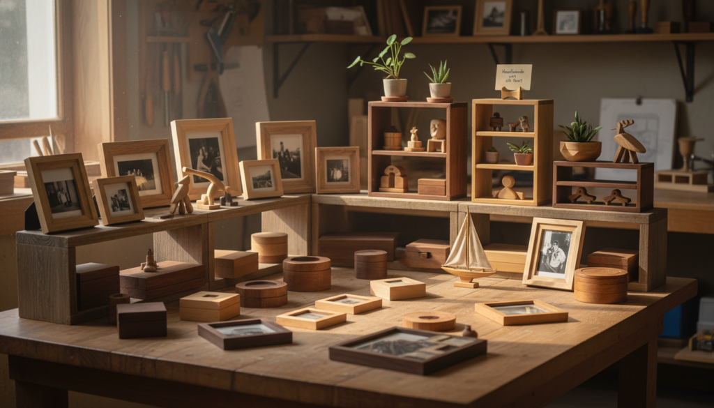 completed small wood projects displayed together