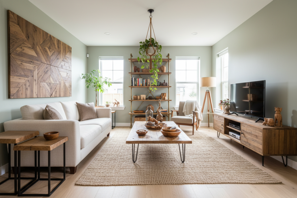 completed wood art projects displayed in beautiful home