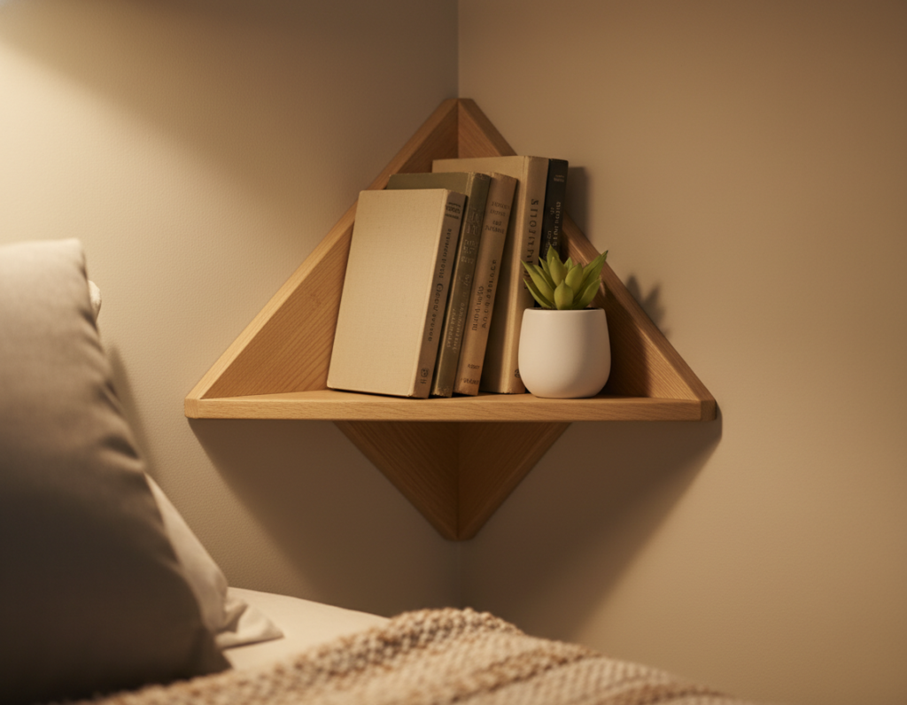 corner wooden shelf with books in bedroom setting
