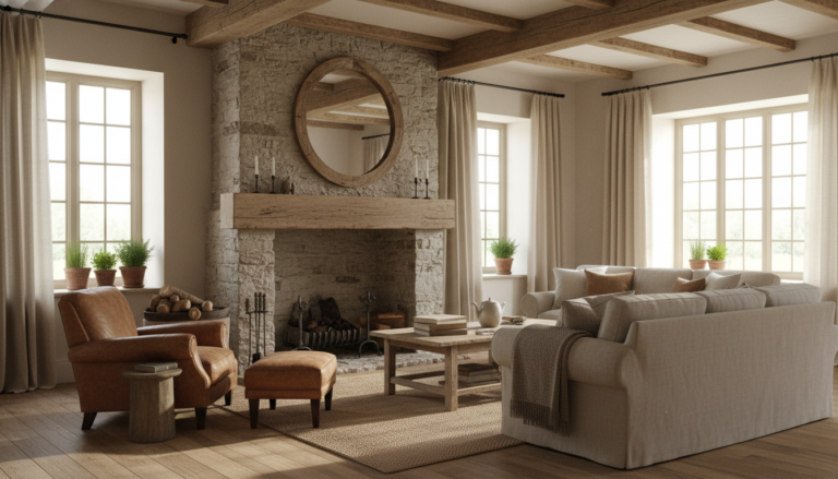 cozy homestead aesthetic living room with natural wood beams and vintage farmhouse decor