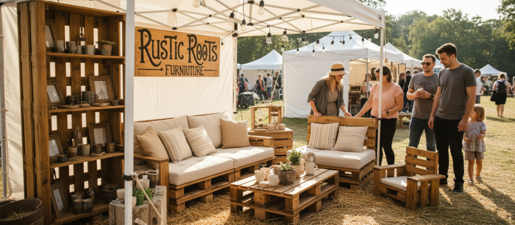 craft fair booth displaying pallet furniture
