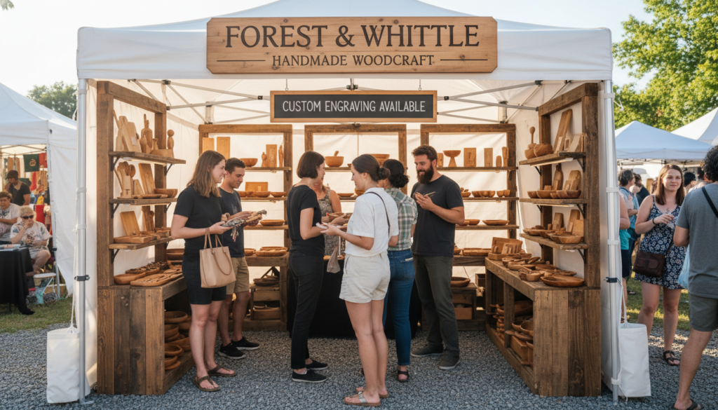 craft fair booth displaying wooden products