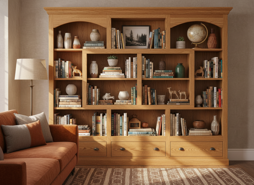 custom wooden bookshelf with multiple compartments filled with books