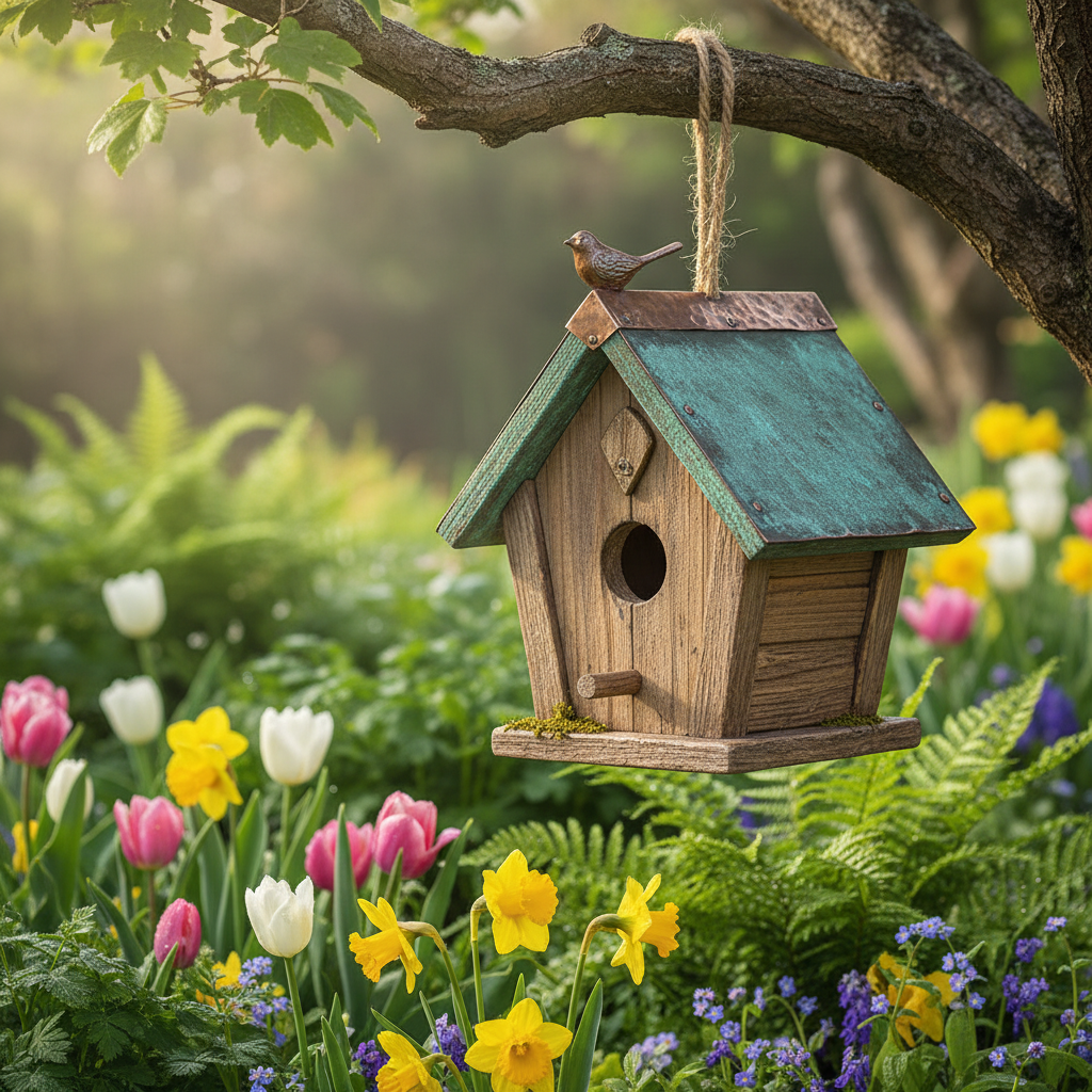 decorative wooden birdhouse in garden