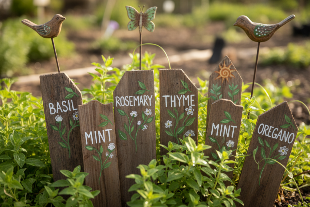 decorative wooden garden stakes and markers