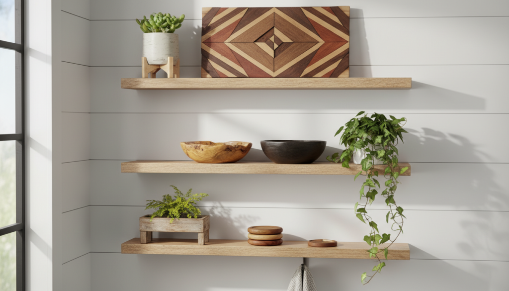 decorative wooden items displayed on shelf