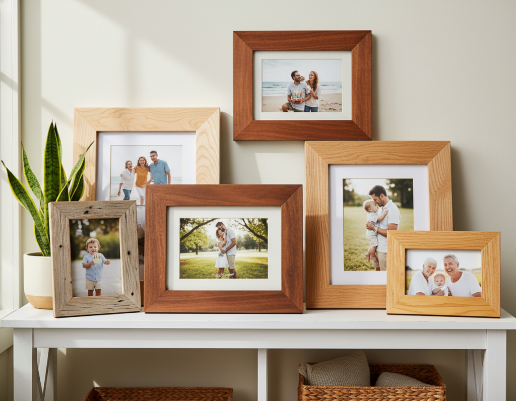 decorative wooden picture frames on console table