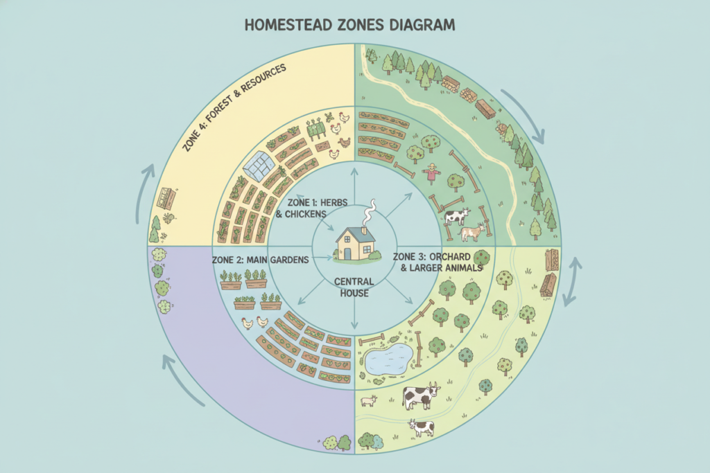 diagram showing homestead zones radiating from house