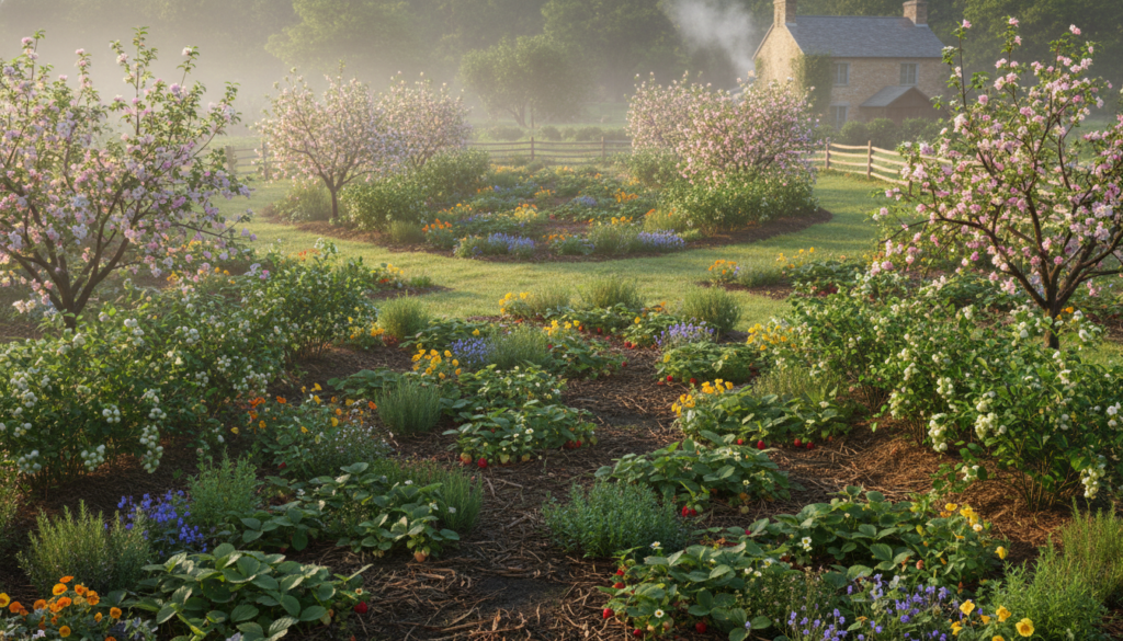 diverse fruit orchard with mixed tree types and berry bushes