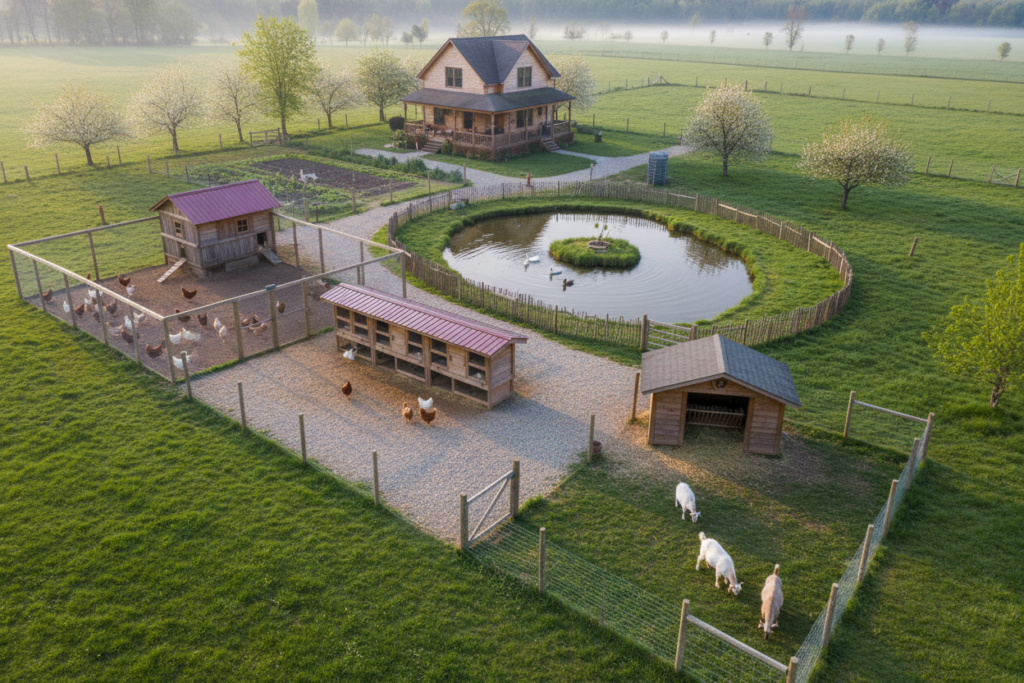 diverse small homestead with multiple animal species in separate areas