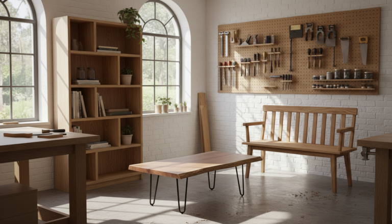 diy wood projects furniture workshop with various completed wooden furniture pieces
