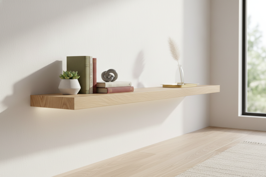diy wooden floating shelf mounted on wall with decor