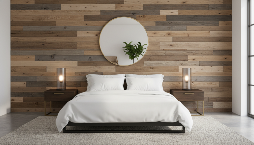 dramatic pallet wood accent wall in bedroom