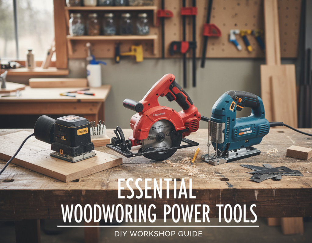 essential woodworking power tools including circular saw drill and orbital sander on workbench essential woodworking power tools including circular saw drill and orbital sander on workbench