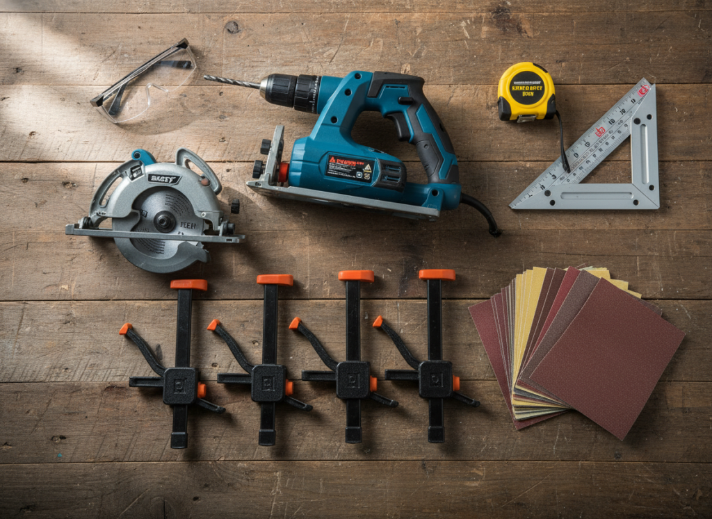 essential woodworking tools laid out on workbench including drill, saw, measuring tape