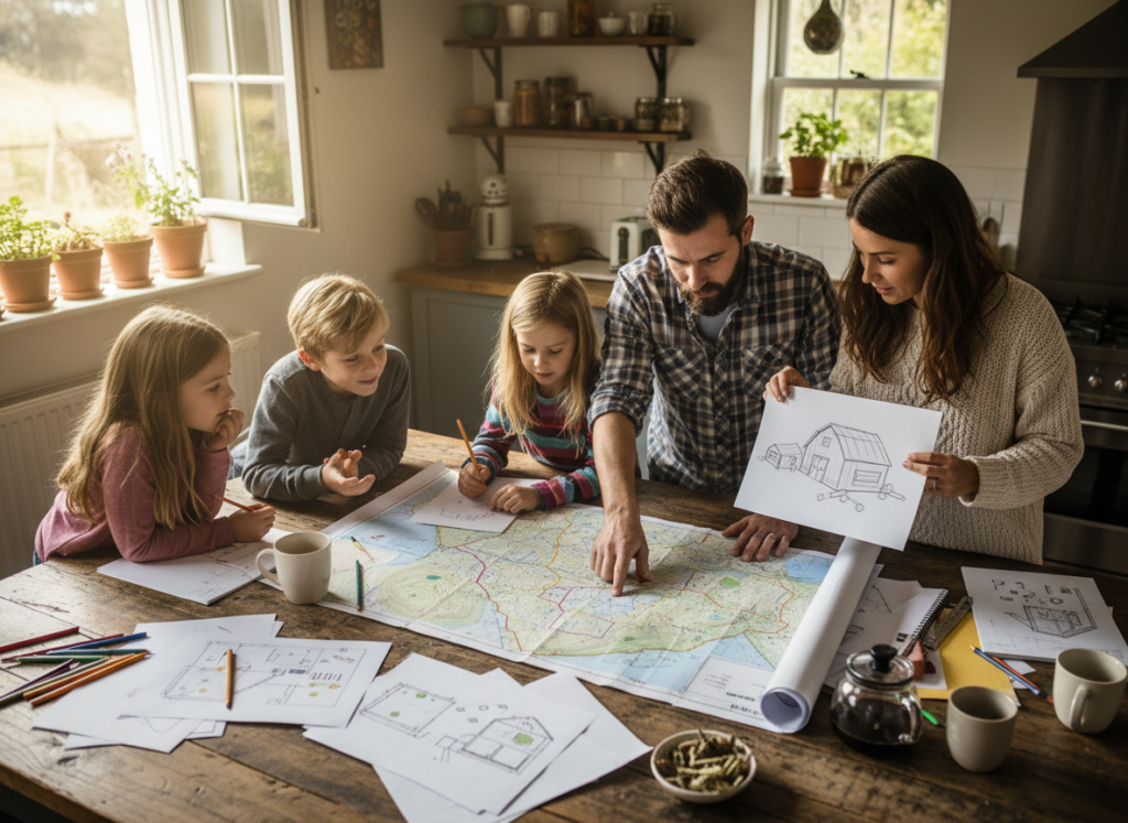 family creating homestead layout plan together