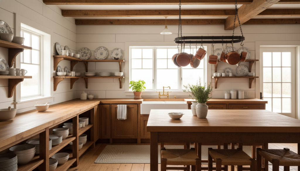 farmhouse kitchen with open shelving displaying dishes and homestead aesthetic decor