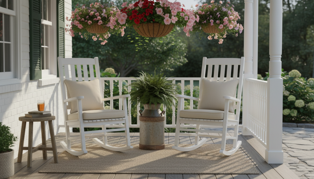 farmhouse porch with wooden rocking chairs and vintage decor embodying homestead aesthetic outdoors