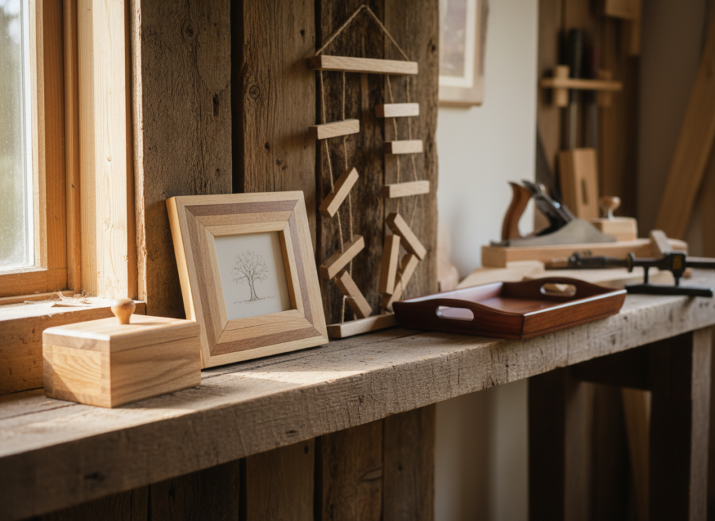 finished beginner wood projects displayed on shelf finished beginner wood projects displayed on shelf