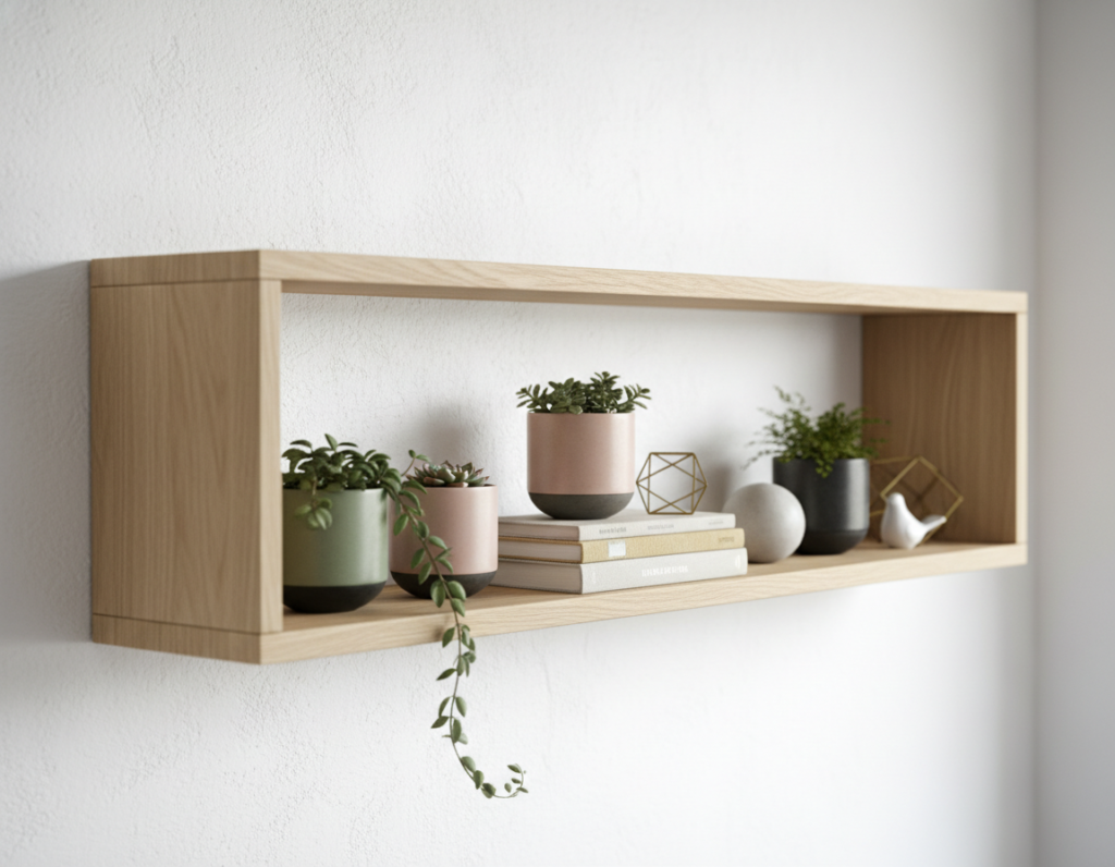 floating wooden frame shelf with decorative items floating wooden frame shelf with decorative items