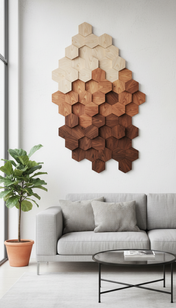 geometric wooden wall art with contrasting wood stains creating modern design geometric wooden wall art with contrasting wood stains creating modern design