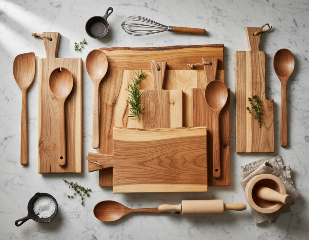 handcrafted wooden cutting boards and kitchen utensils