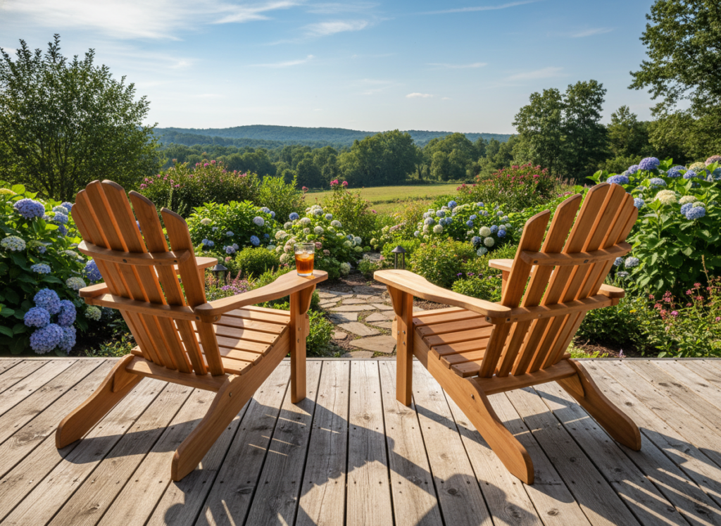 handmade Adirondack chairs on outdoor deck