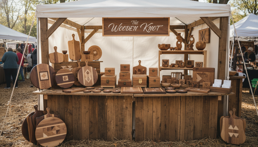 handmade wood crafts displayed for sale