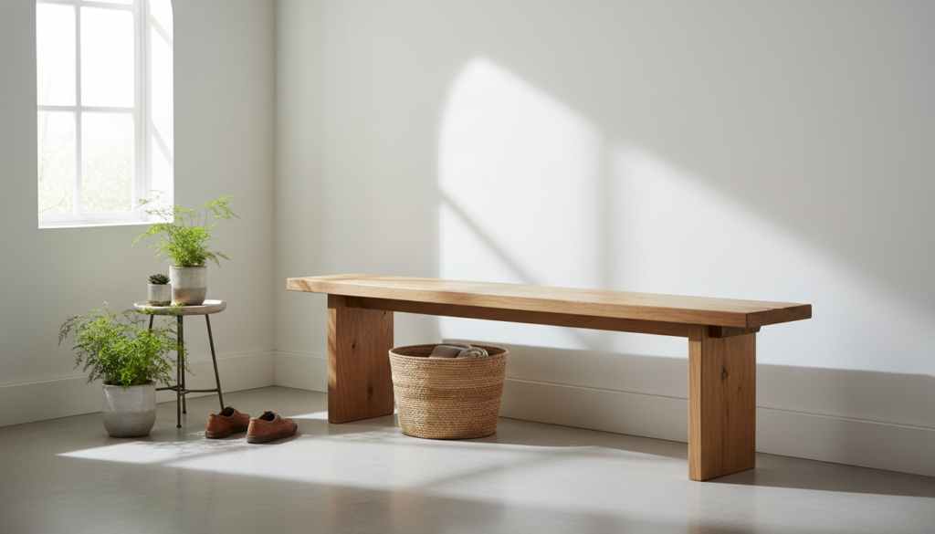 handmade wooden bench with simple design in entryway