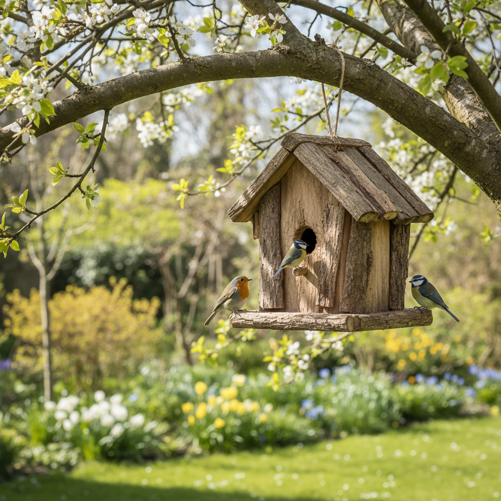 handmade wooden birdhouse hanging from tree handmade wooden birdhouse hanging from tree
