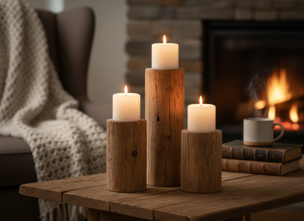 handmade wooden candle holders with candles