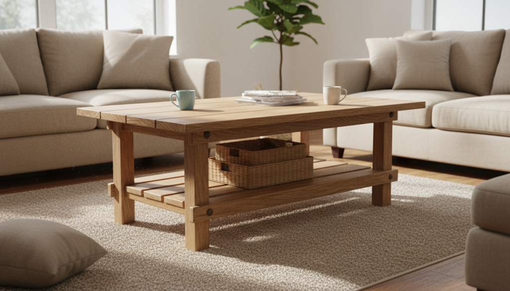 handmade wooden coffee table with lower storage shelf in living room