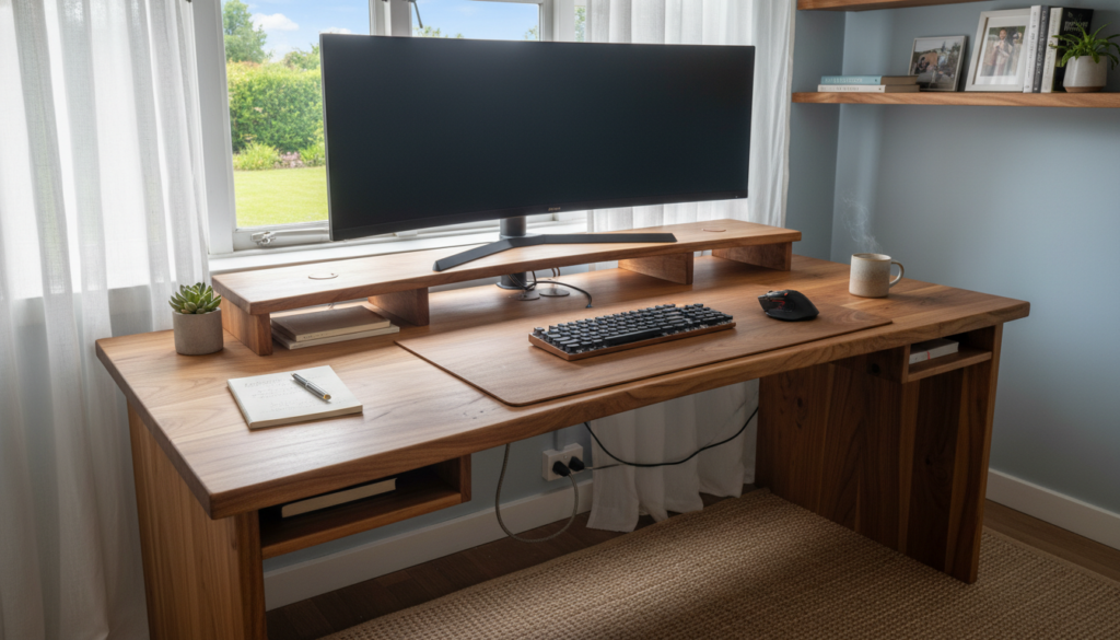handmade wooden computer desk with monitor and organized cables
