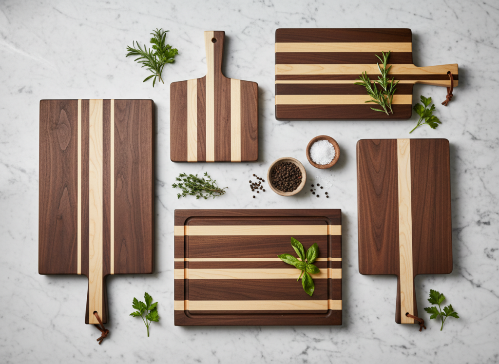 handmade wooden cutting boards in various designs and wood types