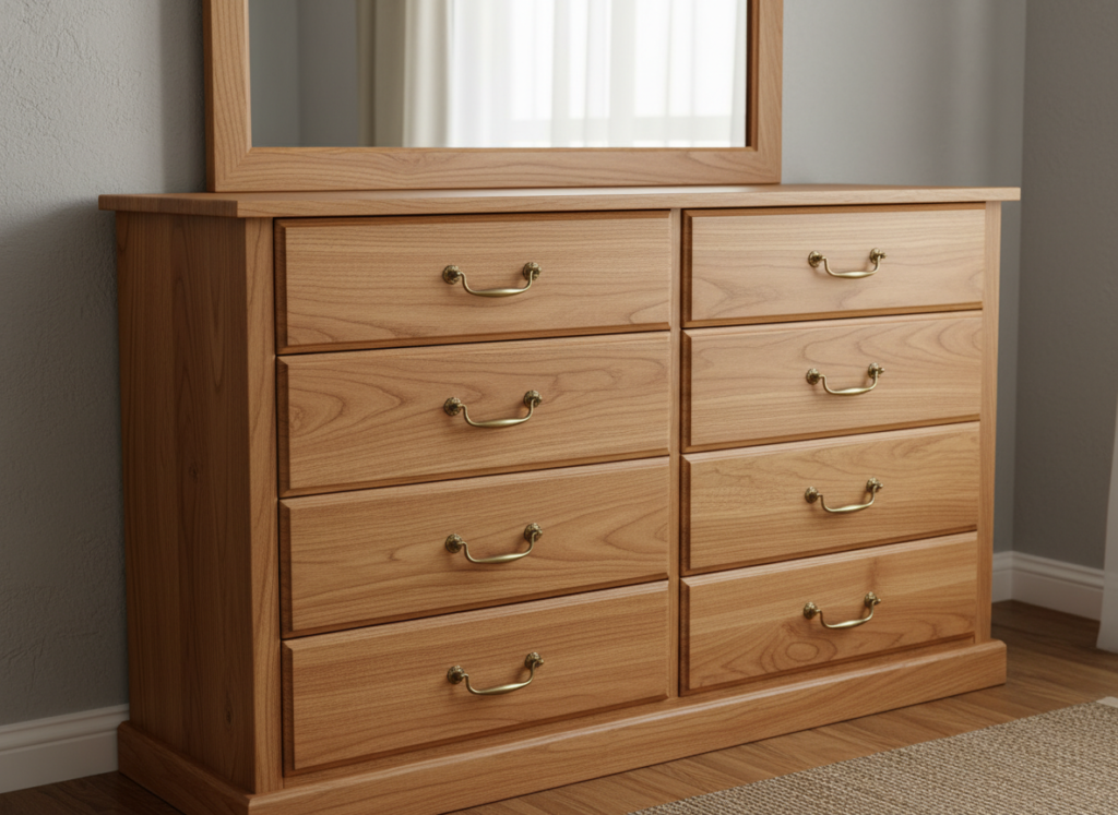 handmade wooden dresser with multiple drawers in bedroom