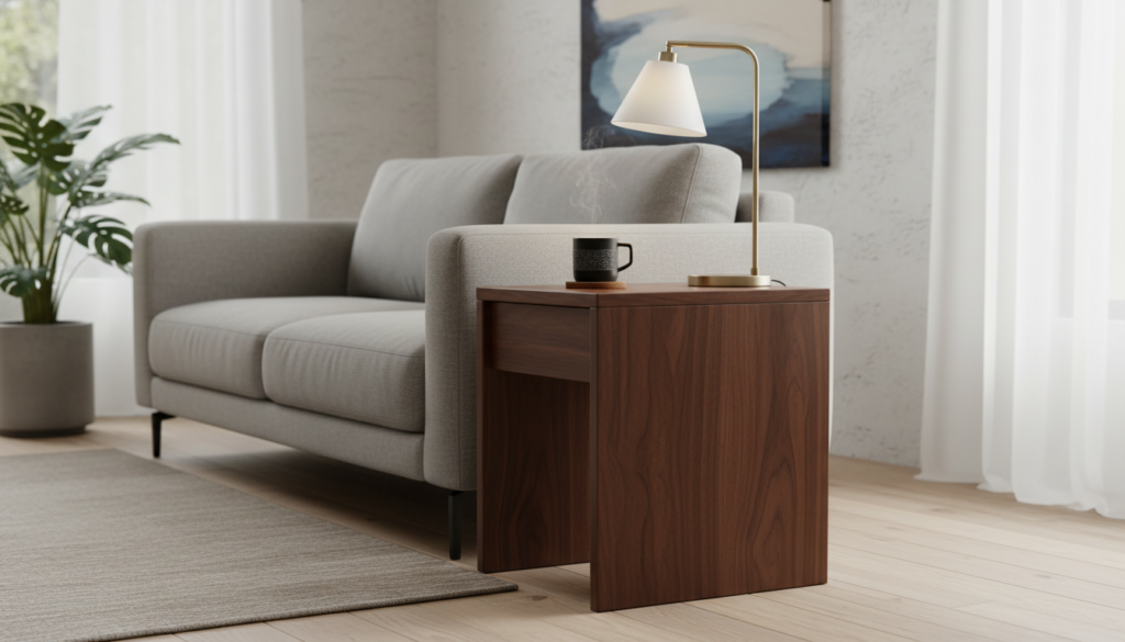 handmade wooden end table in modern living room