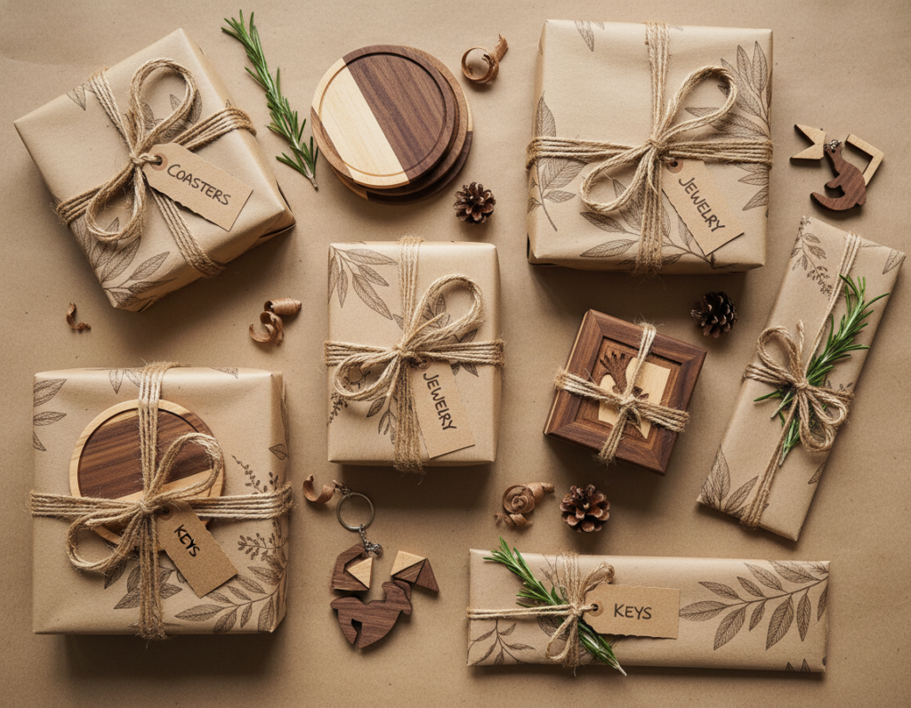 handmade wooden gifts including coasters and small boxes