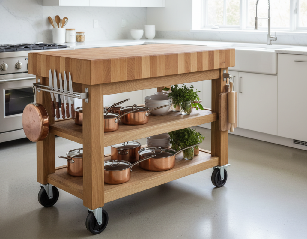 handmade wooden kitchen island cart with wheels and storage