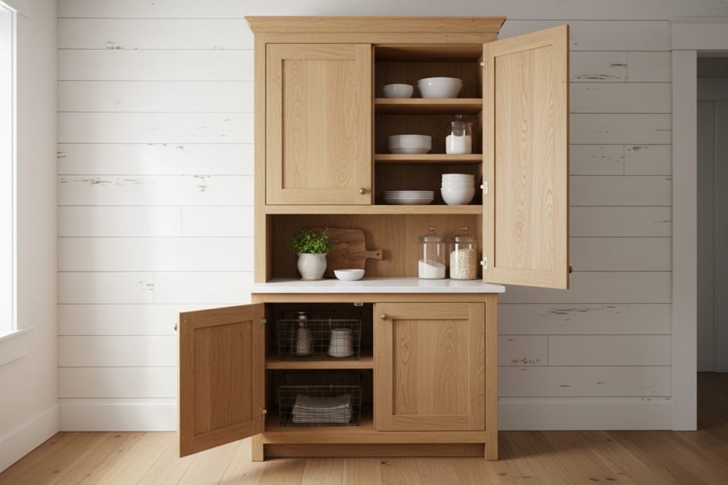 handmade wooden kitchen storage cabinet with doors and shelves