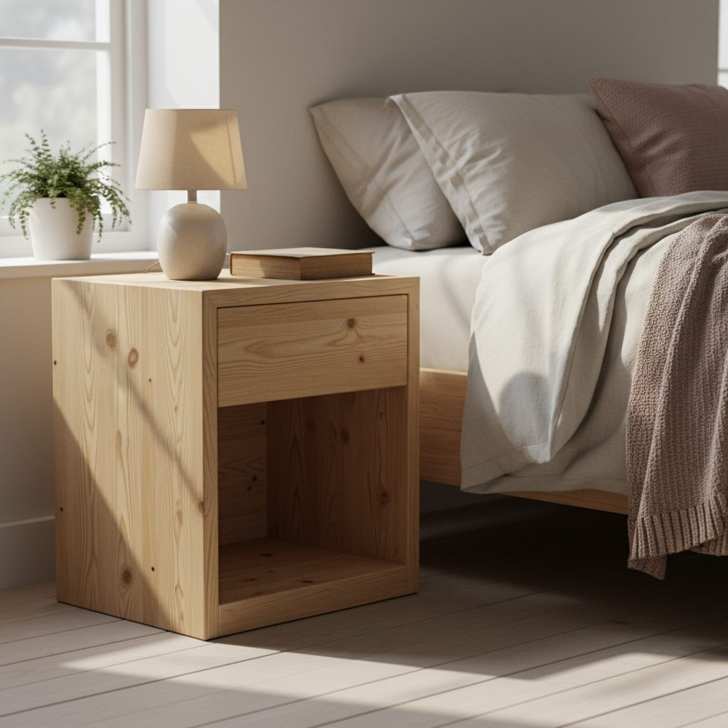 handmade wooden nightstand beside bed with simple design showing beginner woodworking project handmade wooden nightstand beside bed with simple design showing beginner woodworking project