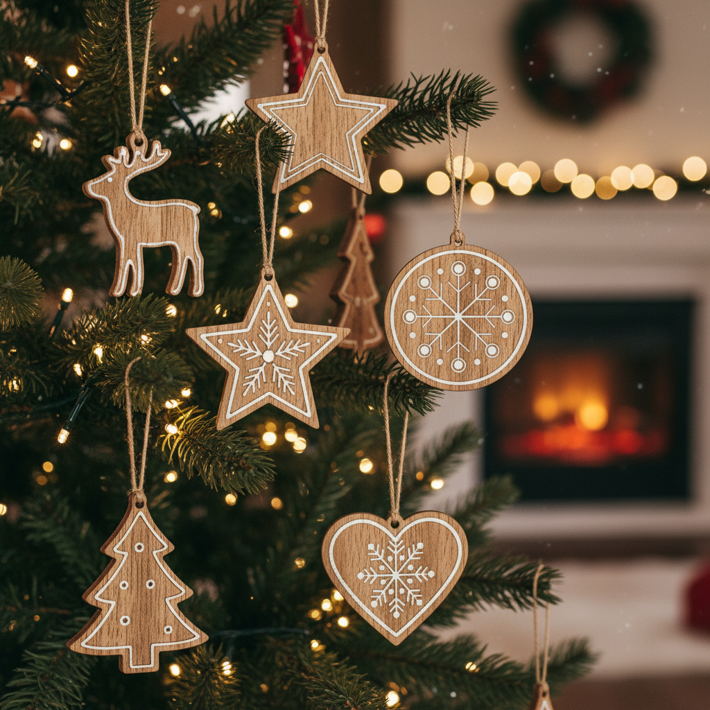 handmade wooden ornaments on christmas tree handmade wooden ornaments on christmas tree