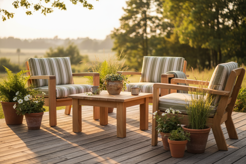 handmade wooden patio furniture set on an outdoor deck handmade wooden patio furniture set on an outdoor deck